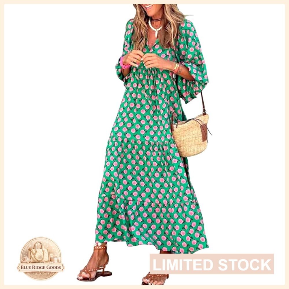 V-Neck Maxi Dress Bohemian Geometric Pattern Loose Fit Casual Summer Long